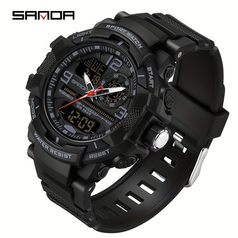SANDA Men's Sports Watch - Multifunctional LED Digital Chronograph with Black Rubber Strap, Luminous Calendar, Stopwatch & Backlight, 5ATM Depth Resistance, Ideal for Outdoor Activities