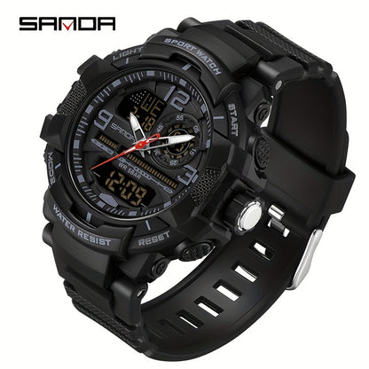 SANDA Men's Sports Watch - Multifunctional LED Digital Chronograph with Black Rubber Strap, Luminous Calendar, Stopwatch & Backlight, 5ATM Depth Resistance, Ideal for Outdoor Activities