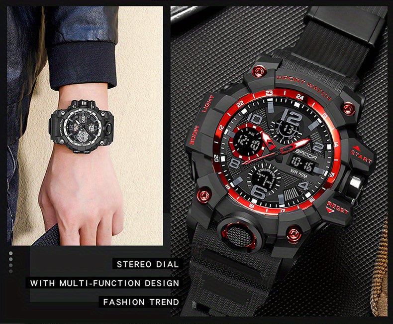 SANDA Men's Sports, Water-Resistant 50m, Dual Display Quartz Movement, Round PC Case, Faux Leather Strap, Luminous Hands, Battery Powered Electronic Wristwatch