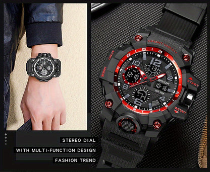 SANDA Men's Sports, Water-Resistant 50m, Dual Display Quartz Movement, Round PC Case, Faux Leather Strap, Luminous Hands, Battery Powered Electronic Wristwatch