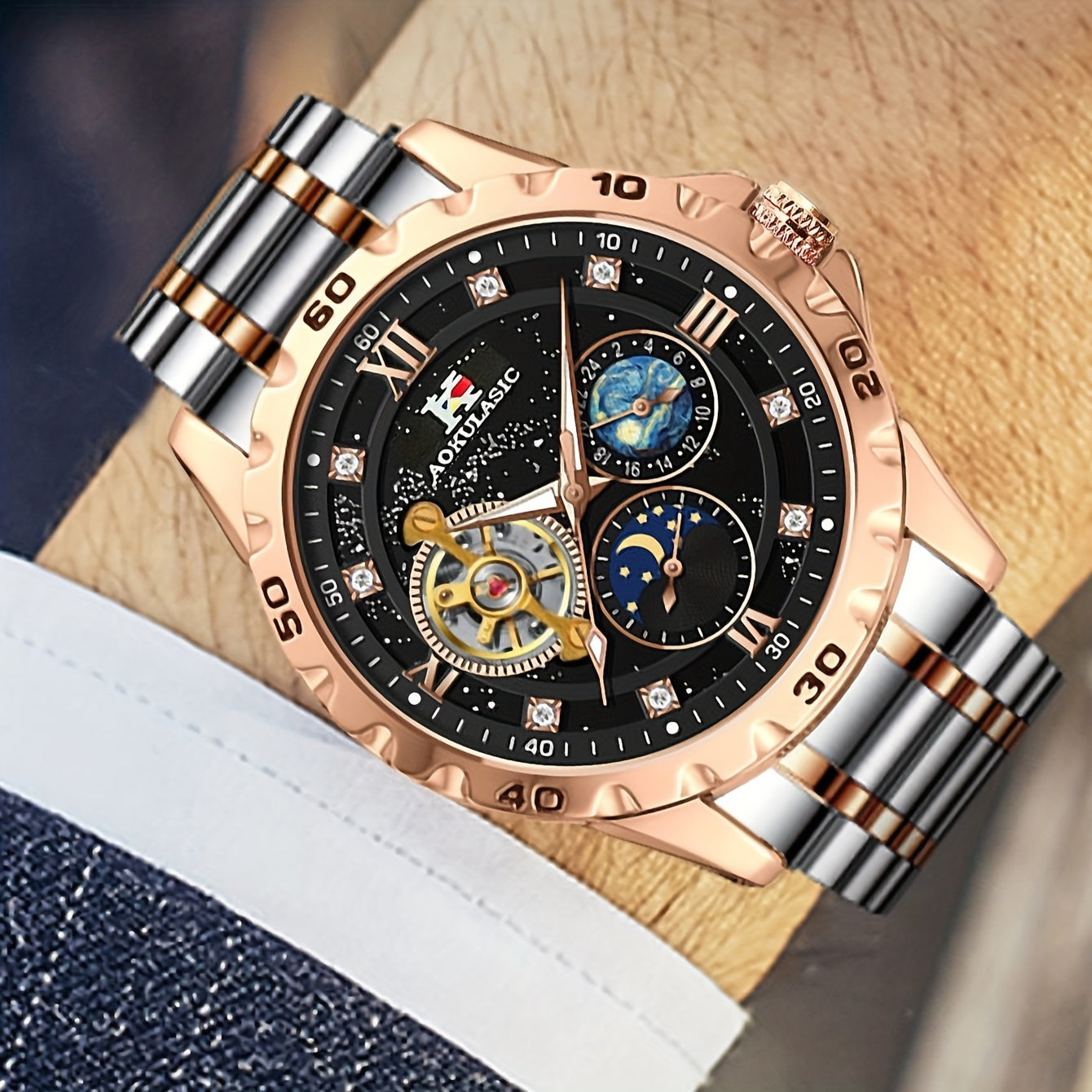 1pc AOKULASIC Men Fashion Tourbillon Skeleton Automatic Mechanical Watch Rose Golden Case Iced Out Starry Sky Luminous Dial Top Brand Strap Business Casual Mens Watches Christmas New Year Thanksgiving Day Festival Birthday Gi