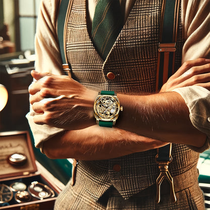 Men'S Vintage Mechanical - Luxury Square Automatic Wrist with Golden-Tone Dial, Green Strap, Self-Winding Movement, High-Quality Alloy Case, Without Battery, Elegant Timepiece, Sophisticated Style