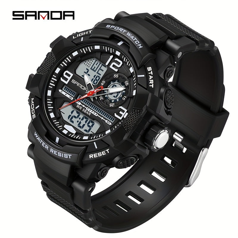 SANDA Men's Sports Watch - Multifunctional LED Digital Chronograph with Black Rubber Strap, Luminous Calendar, Stopwatch & Backlight, 5ATM Depth Resistance, Ideal for Outdoor Activities