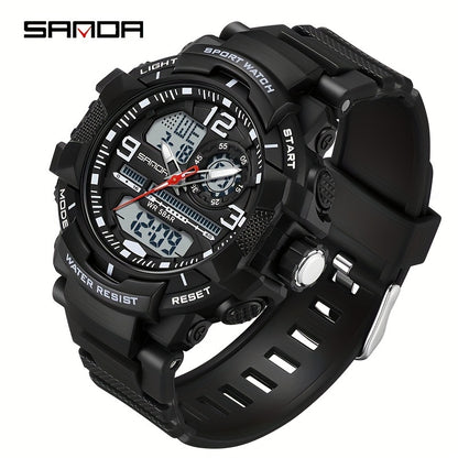 SANDA Men's Sports Watch - Multifunctional LED Digital Chronograph with Black Rubber Strap, Luminous Calendar, Stopwatch & Backlight, 5ATM Depth Resistance, Ideal for Outdoor Activities