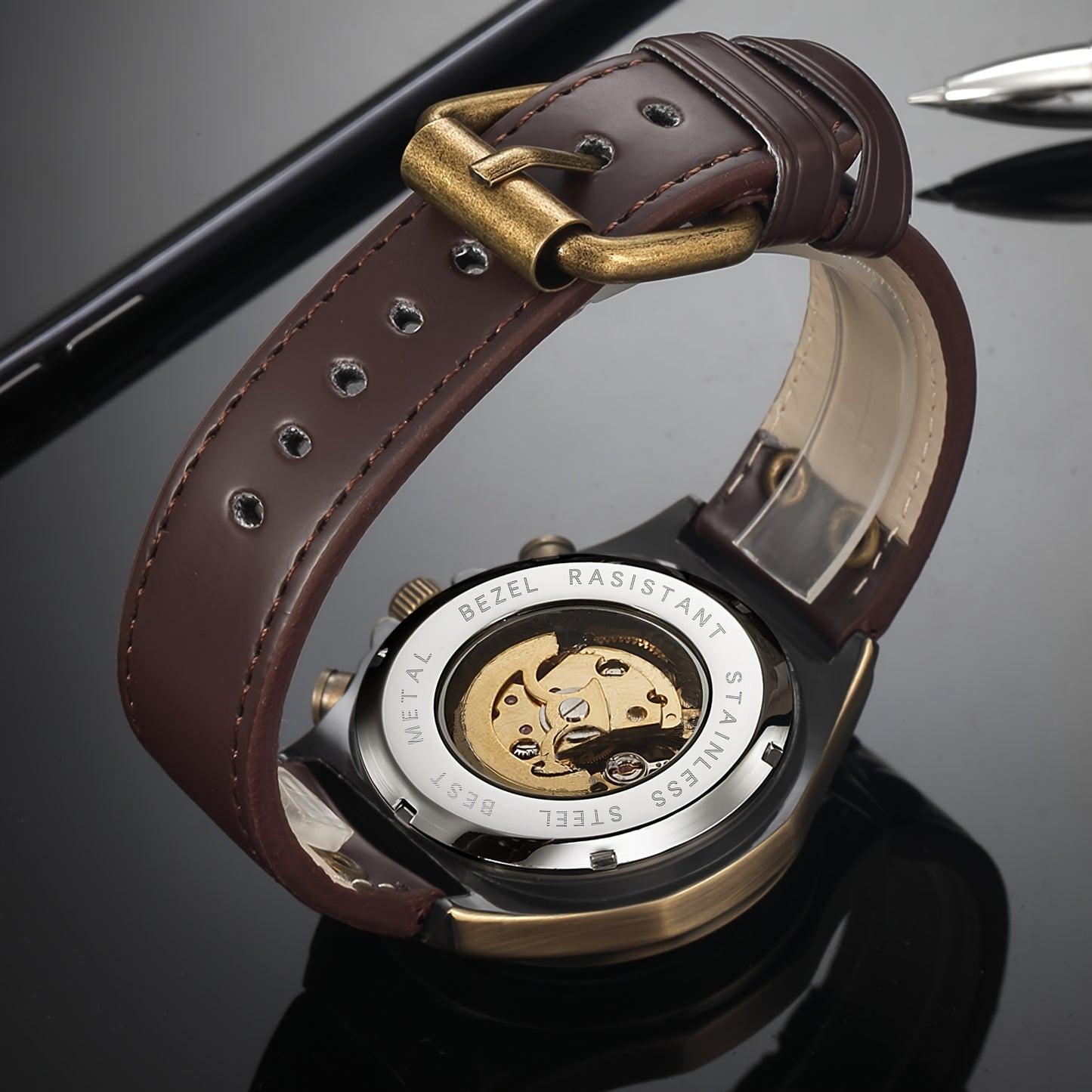 Men's wristwatch, automatic mechanical watch, double-sided skeletonized design, luminous hands, mineral glass mirror surface, fashionable and retro business watch, brown leather strap, casual Men's formal wear accessory, suit