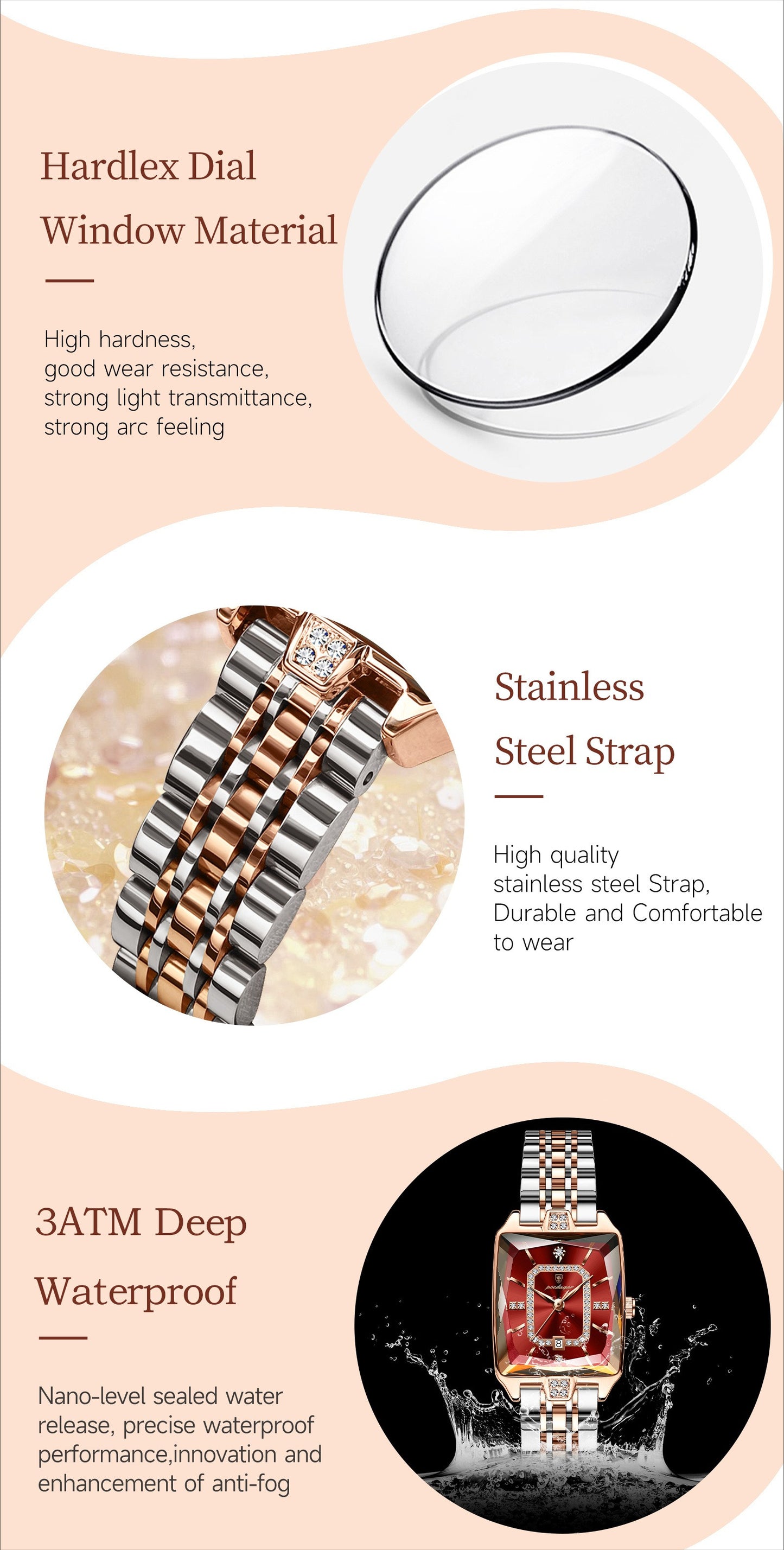 POEDAGAR Women’s Rectangular Quartz Stainless Steel Watch