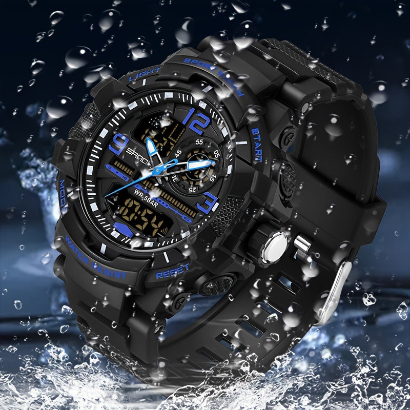 SANDA Men's Sports Watch - Multifunctional LED Digital Chronograph with Black Rubber Strap, Luminous Calendar, Stopwatch & Backlight, 5ATM Depth Resistance, Ideal for Outdoor Activities