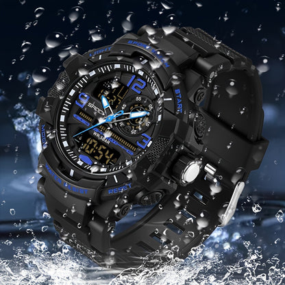 SANDA Men's Sports Watch - Multifunctional LED Digital Chronograph with Black Rubber Strap, Luminous Calendar, Stopwatch & Backlight, 5ATM Depth Resistance, Ideal for Outdoor Activities