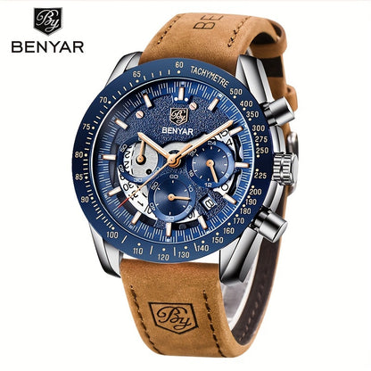 BENYAR Men'S Luxury Sports Watch - Elegant Quartz Movement, Round Blue Dial with Roman Numerals, Stainless Steel Band, Waterproof (30m), Perfect Father'S Day Gift