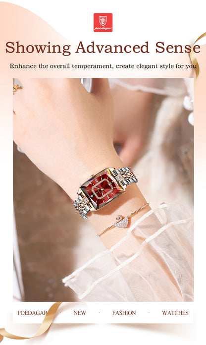 POEDAGAR Women’s Rectangular Quartz Stainless Steel Watch