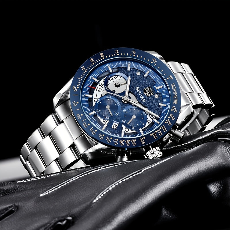 BENYAR Men'S Luxury Sports Watch - Elegant Quartz Movement, Round Blue Dial with Roman Numerals, Stainless Steel Band, Waterproof (30m), Perfect Father'S Day Gift
