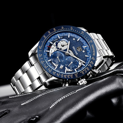 BENYAR Men'S Luxury Sports Watch - Elegant Quartz Movement, Round Blue Dial with Roman Numerals, Stainless Steel Band, Waterproof (30m), Perfect Father'S Day Gift