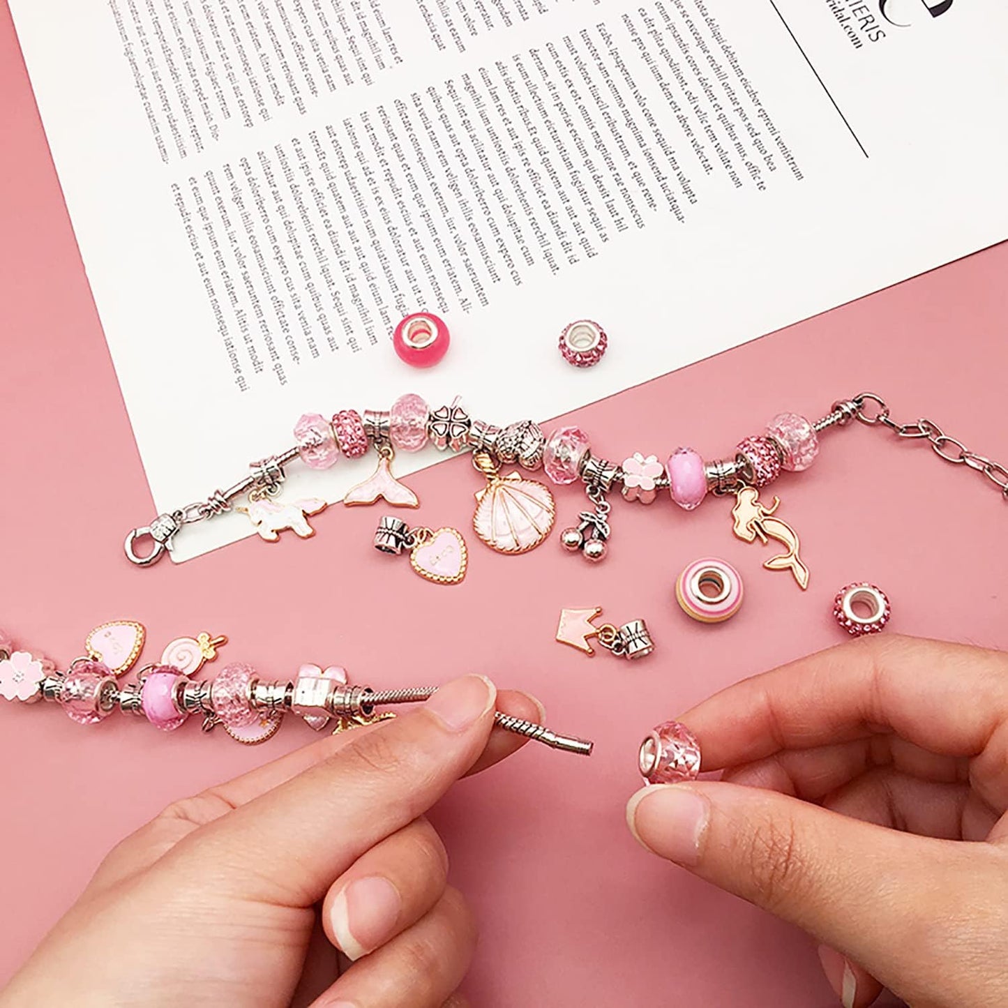 Charm Bracelet Making Kit – 68-Piece DIY Jewelry Set with Box (Pink) | Children's DIY Beading Bracelet Kit Creative Jewelry Set | Gift Box Birthday, Christmas, Eid, Present for Girls Aged 6-12 Handmade Craft