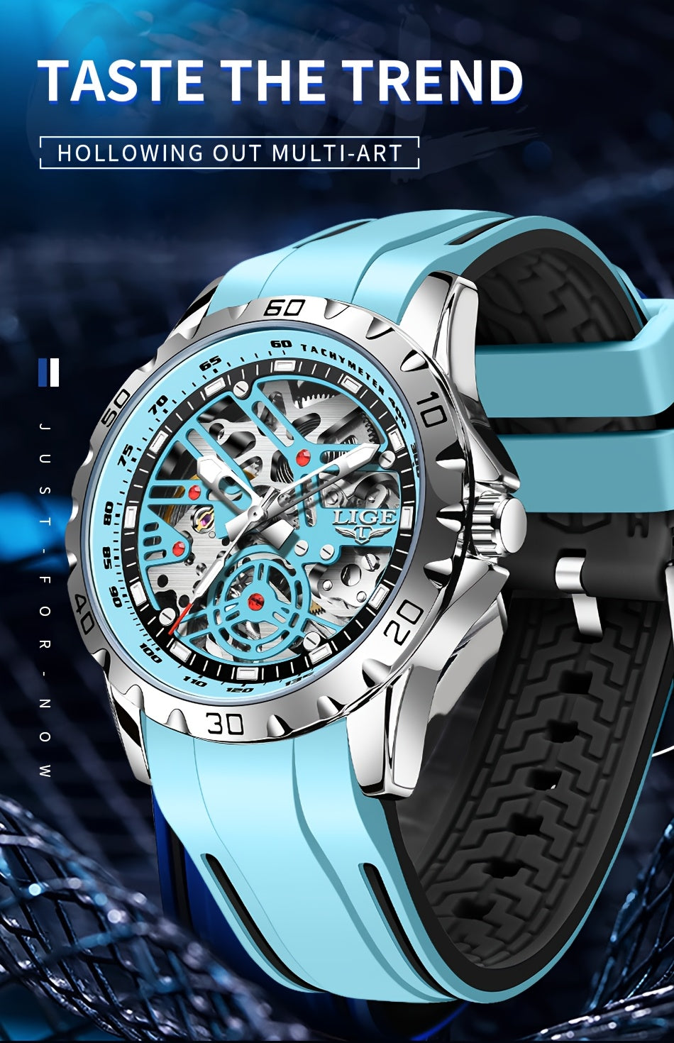 LIGE men&women&apos;s Automatic Mechanical Watch - Stylish Blue Silicone Strap, Alloy Case, Transparent Back, Black Rubber Grip, Valentine&apos;s Day Gift for Him, Suitable for Women&women