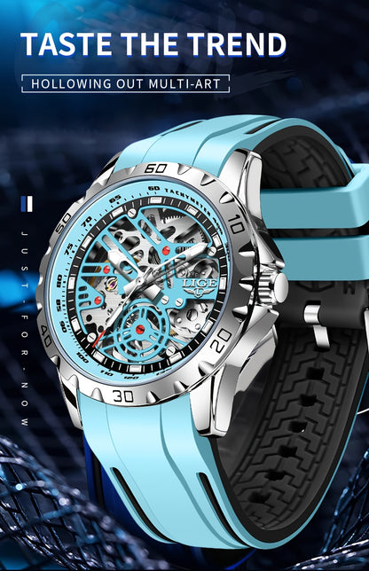 LIGE men&women&apos;s Automatic Mechanical Watch - Stylish Blue Silicone Strap, Alloy Case, Transparent Back, Black Rubber Grip, Valentine&apos;s Day Gift for Him, Suitable for Women&women