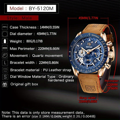BENYAR Men'S Luxury Sports Watch - Elegant Quartz Movement, Round Blue Dial with Roman Numerals, Stainless Steel Band, Waterproof (30m), Perfect Father'S Day Gift