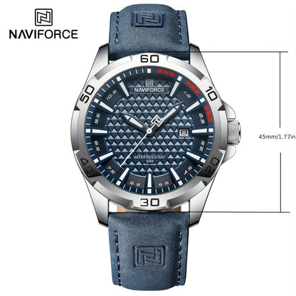 NAVIFORCE Men'S Quartz Watch NF8023, Casual Style, Round Alloy Case, Genuine Leather Strap, Carbon Fiber Dial, 3ATM Water Resistant, Battery Powered Electronic Movement