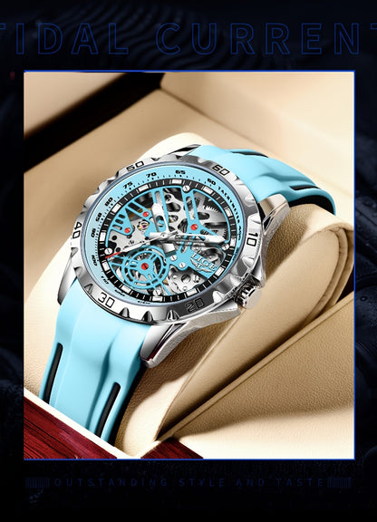 LIGE men&women&apos;s Automatic Mechanical Watch - Stylish Blue Silicone Strap, Alloy Case, Transparent Back, Black Rubber Grip, Valentine&apos;s Day Gift for Him, Suitable for Women&women