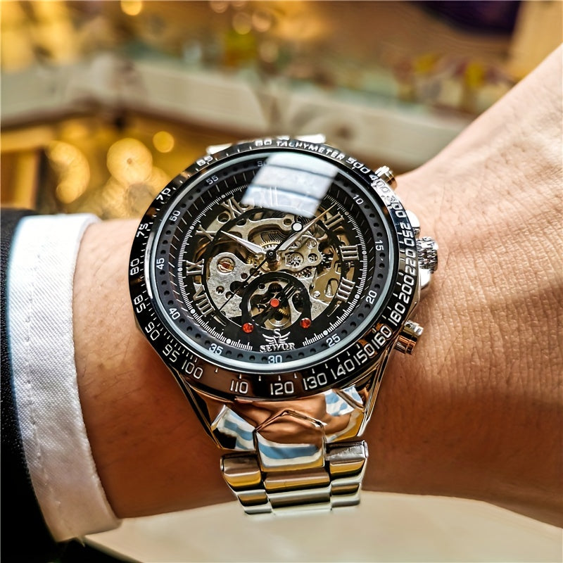 [Luxury Mechanical] Men's Luxury Automatic Mechanical Watch - Stainless Steel Band, Multi-Function with Sun, Moon, and Stars Display - Fashion Statement for Sophisticated Style