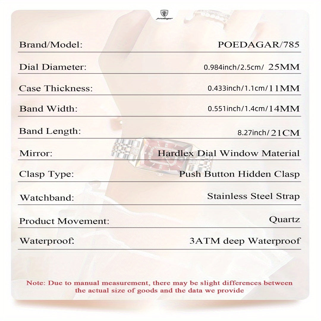 POEDAGAR Women’s Rectangular Quartz Stainless Steel Watch