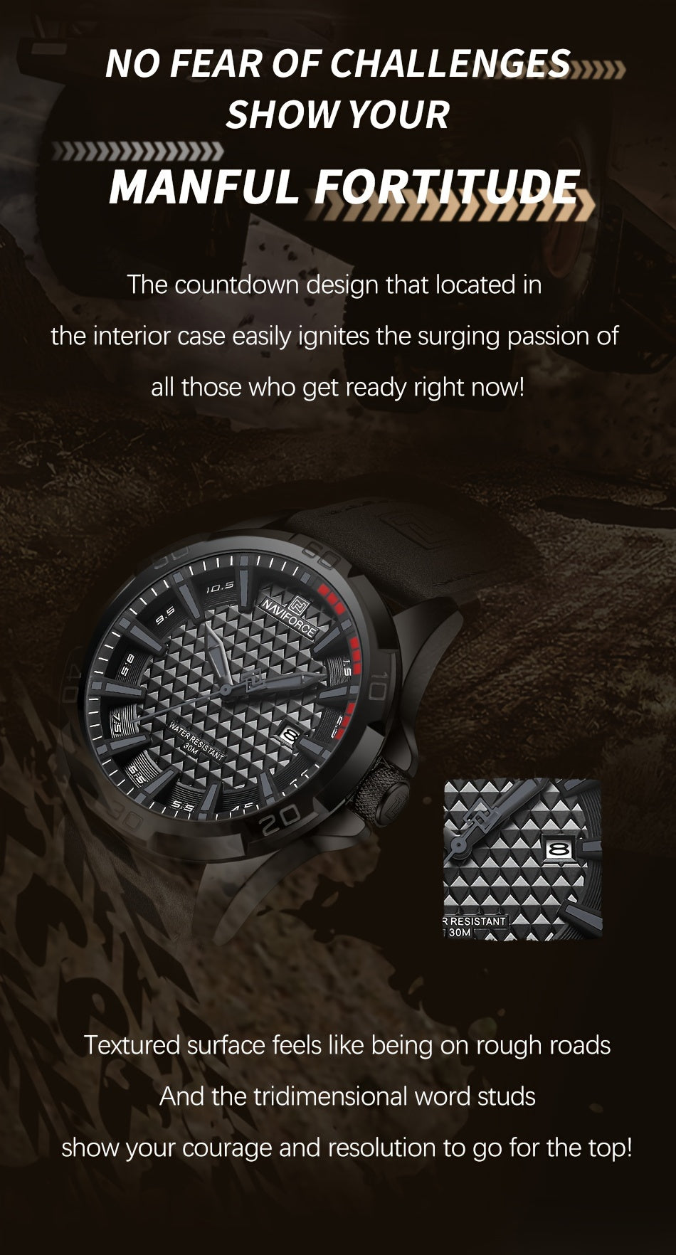 NAVIFORCE Men'S Quartz Watch NF8023, Casual Style, Round Alloy Case, Genuine Leather Strap, Carbon Fiber Dial, 3ATM Water Resistant, Battery Powered Electronic Movement