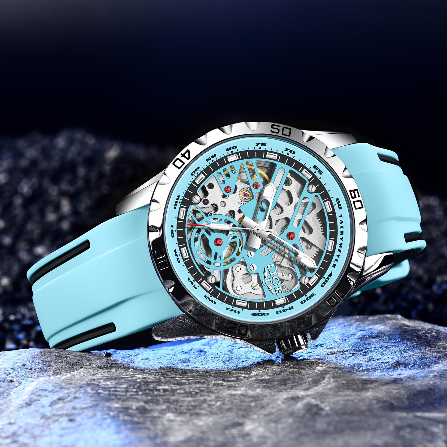 LIGE men&women&apos;s Automatic Mechanical Watch - Stylish Blue Silicone Strap, Alloy Case, Transparent Back, Black Rubber Grip, Valentine&apos;s Day Gift for Him, Suitable for Women&women