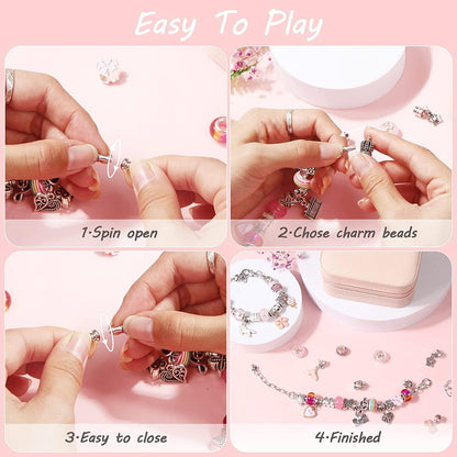Charm Bracelet Making Kit – 68-Piece DIY Jewelry Set with Box (Pink) | Children's DIY Beading Bracelet Kit Creative Jewelry Set | Gift Box Birthday, Christmas, Eid, Present for Girls Aged 6-12 Handmade Craft