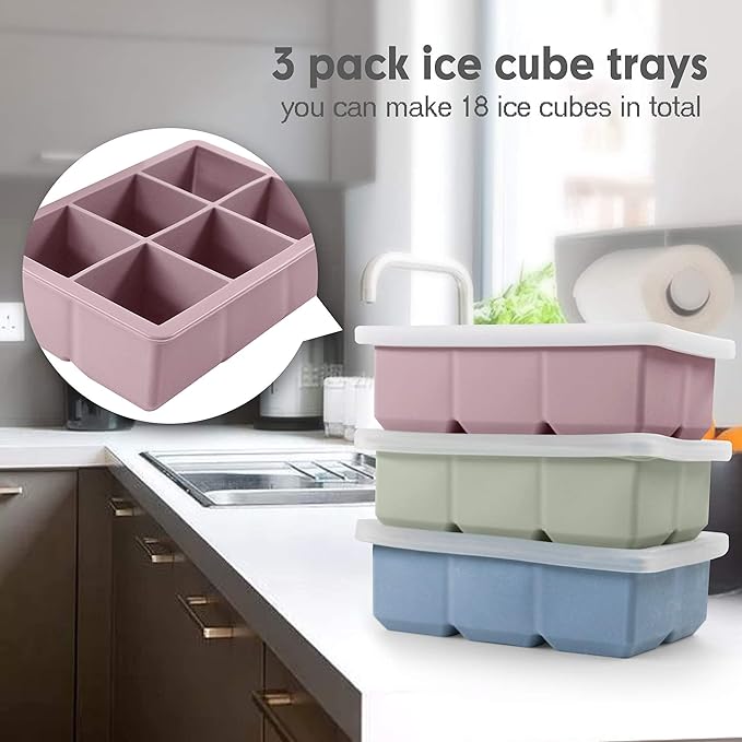 Silicone Ice Cube Trays 3 Pack – Large Square Ice Molds with Lids | BPA-Free, Flexible & Stackable (Pink, Green, Blue)