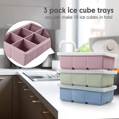 Silicone Ice Cube Trays 3 Pack – Large Square Ice Molds with Lids | BPA-Free, Flexible & Stackable (Pink, Green, Blue)
