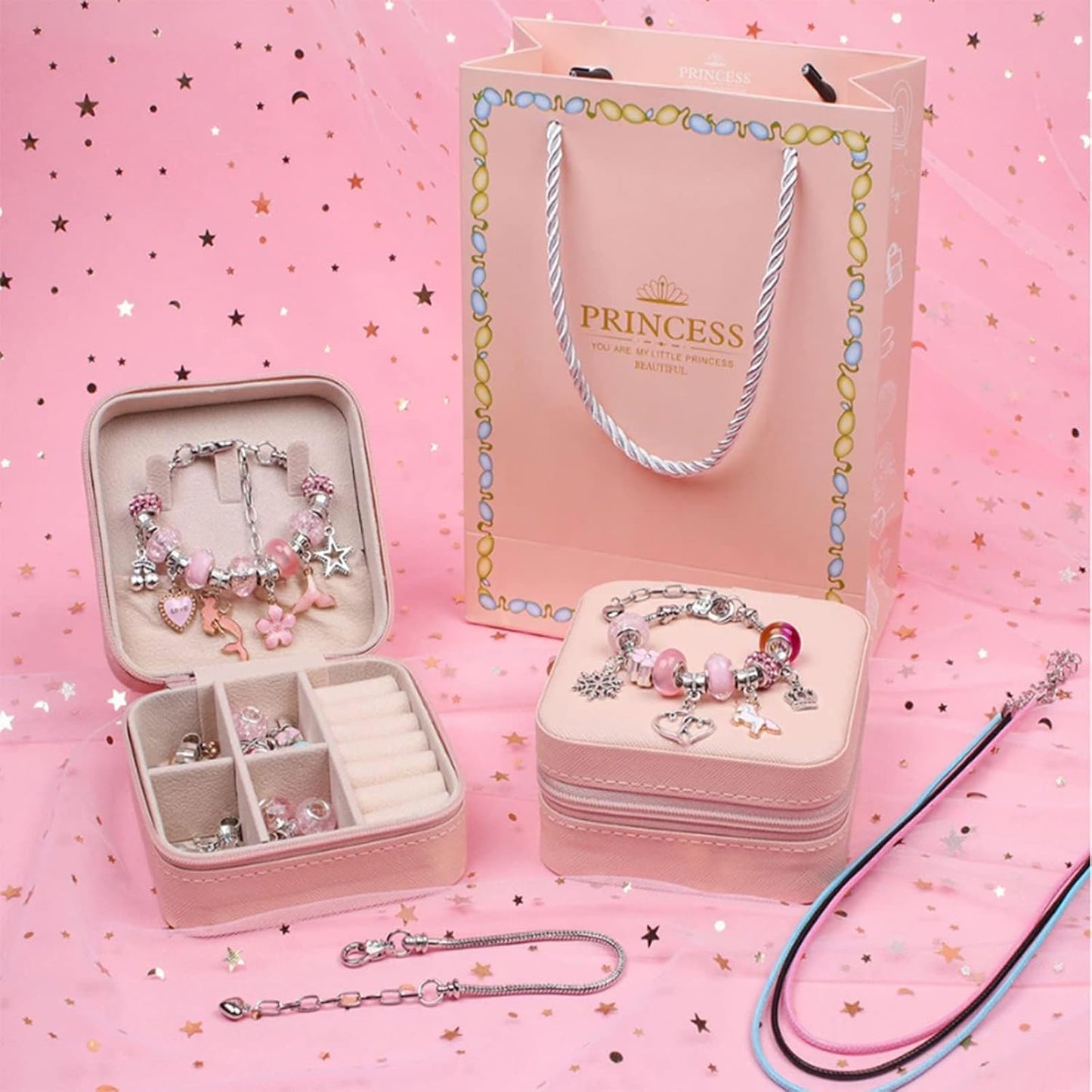 Charm Bracelet Making Kit – 68-Piece DIY Jewelry Set with Box (Pink) | Children's DIY Beading Bracelet Kit Creative Jewelry Set | Gift Box Birthday, Christmas, Eid, Present for Girls Aged 6-12 Handmade Craft