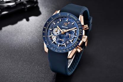 BENYAR Men'S Luxury Sports Watch - Elegant Quartz Movement, Round Blue Dial with Roman Numerals, Stainless Steel Band, Waterproof (30m), Perfect Father'S Day Gift