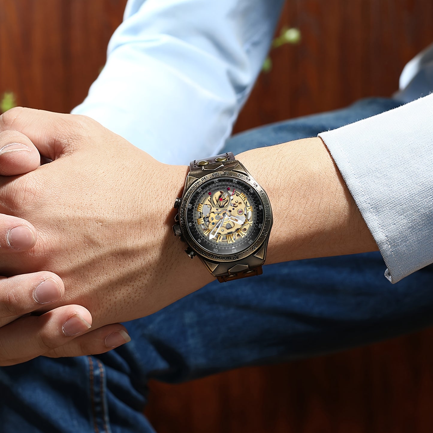 Men's wristwatch, automatic mechanical watch, double-sided skeletonized design, luminous hands, mineral glass mirror surface, fashionable and retro business watch, brown leather strap, casual Men's formal wear accessory, suit