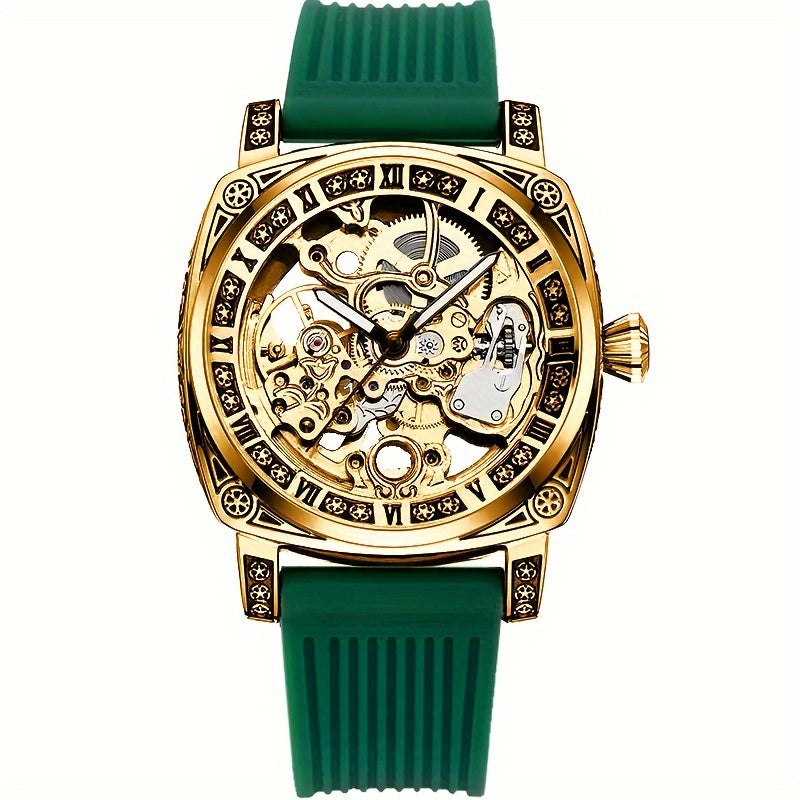 Men'S Vintage Mechanical - Luxury Square Automatic Wrist with Golden-Tone Dial, Green Strap, Self-Winding Movement, High-Quality Alloy Case, Without Battery, Elegant Timepiece, Sophisticated Style