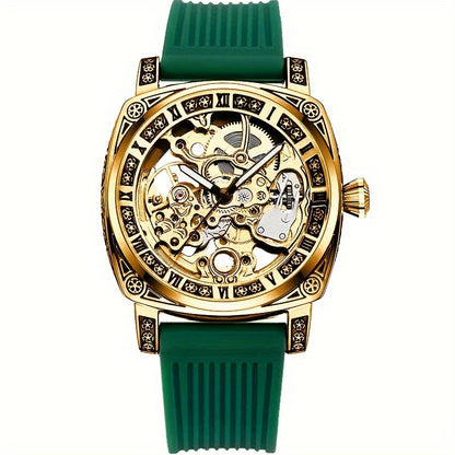 Men'S Vintage Mechanical - Luxury Square Automatic Wrist with Golden-Tone Dial, Green Strap, Self-Winding Movement, High-Quality Alloy Case, Without Battery, Elegant Timepiece, Sophisticated Style