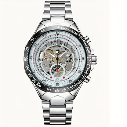 [Luxury Mechanical] Men's Luxury Automatic Mechanical Watch - Stainless Steel Band, Multi-Function with Sun, Moon, and Stars Display - Fashion Statement for Sophisticated Style