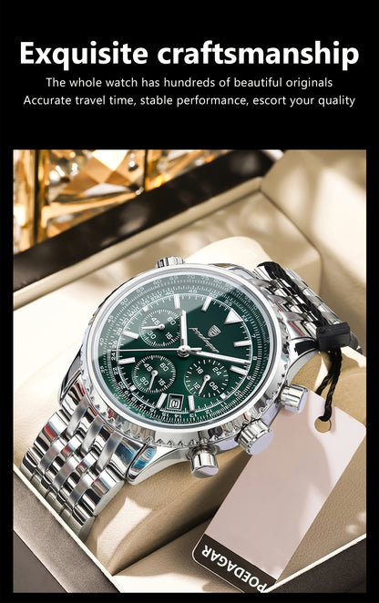 POEDAGAR Luxury 's Quartz Watch, Luminous Chronograph with Date Function, Stainless Steel Band & Zinc Alloy Case