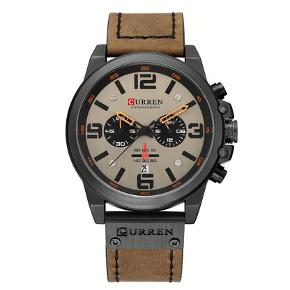 CURREN Men'S Sports with Multifunctional Timing, Waterproof Faux Leather Strap, Quartz Movement, Date Display, Chronograph Function, Stop, Dial, Brown Strap, Casual Style