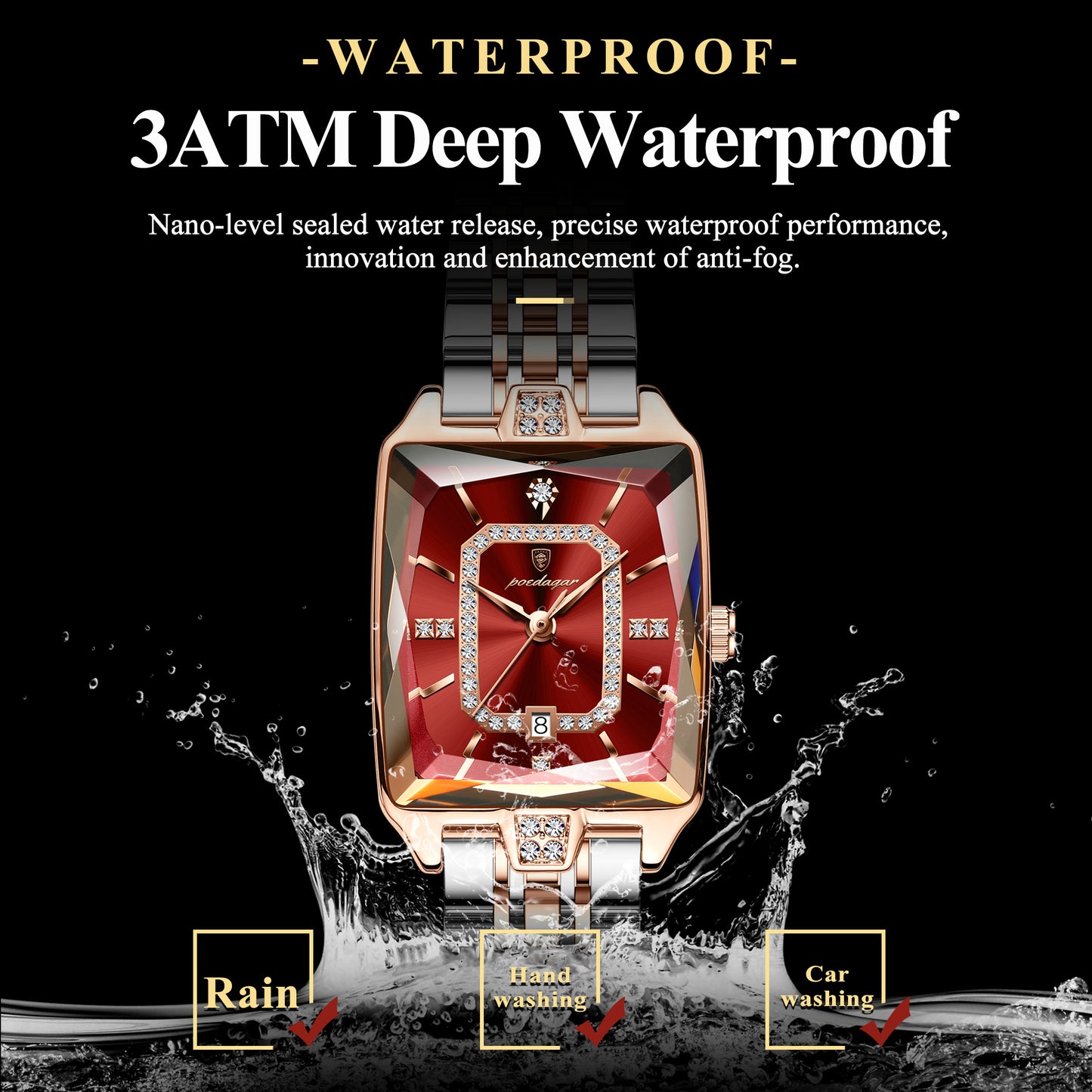 POEDAGAR Women’s Rectangular Quartz Stainless Steel Watch