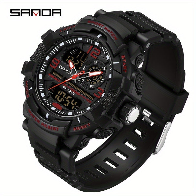 SANDA Men's Sports Watch - Multifunctional LED Digital Chronograph with Black Rubber Strap, Luminous Calendar, Stopwatch & Backlight, 5ATM Depth Resistance, Ideal for Outdoor Activities