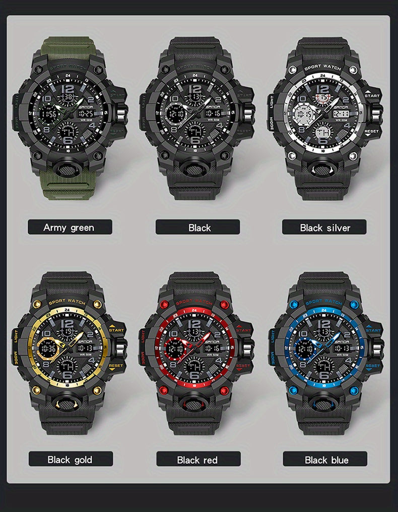 SANDA Men's Sports, Water-Resistant 50m, Dual Display Quartz Movement, Round PC Case, Faux Leather Strap, Luminous Hands, Battery Powered Electronic Wristwatch