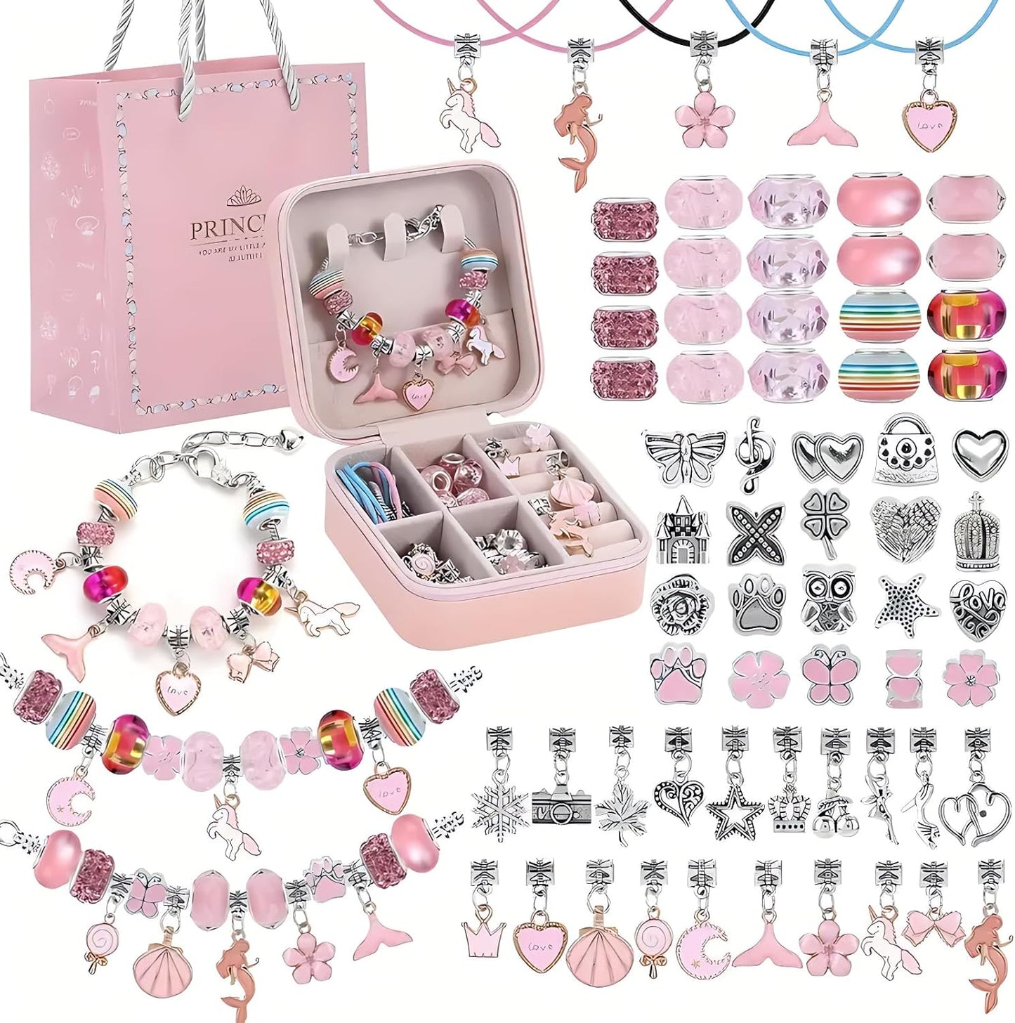 Charm Bracelet Making Kit – 68-Piece DIY Jewelry Set with Box (Pink) | Children's DIY Beading Bracelet Kit Creative Jewelry Set | Gift Box Birthday, Christmas, Eid, Present for Girls Aged 6-12 Handmade Craft