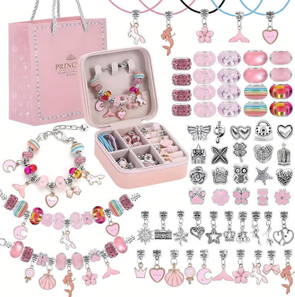 Charm Bracelet Making Kit – 68-Piece DIY Jewelry Set with Box (Pink) | Children's DIY Beading Bracelet Kit Creative Jewelry Set | Gift Box Birthday, Christmas, Eid, Present for Girls Aged 6-12 Handmade Craft