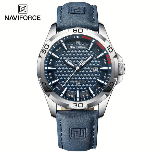 NAVIFORCE Men'S Quartz Watch NF8023, Casual Style, Round Alloy Case, Genuine Leather Strap, Carbon Fiber Dial, 3ATM Water Resistant, Battery Powered Electronic Movement