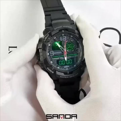 SANDA Men's Sports Watch - Multifunctional LED Digital Chronograph with Black Rubber Strap, Luminous Calendar, Stopwatch & Backlight, 5ATM Depth Resistance, Ideal for Outdoor Activities