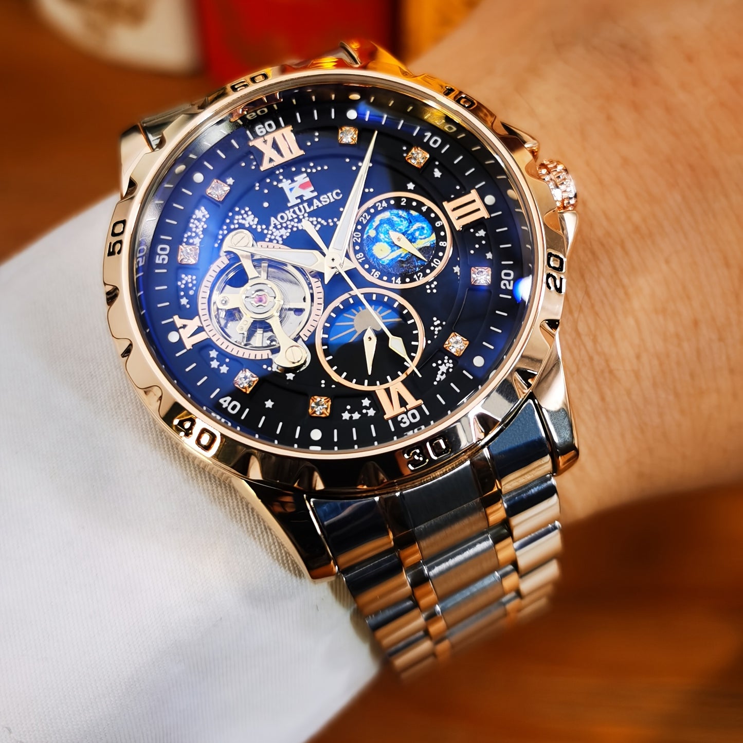 1pc AOKULASIC Men Fashion Tourbillon Skeleton Automatic Mechanical Watch Rose Golden Case Iced Out Starry Sky Luminous Dial Top Brand Strap Business Casual Mens Watches Christmas New Year Thanksgiving Day Festival Birthday Gi