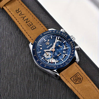 BENYAR Men'S Luxury Sports Watch - Elegant Quartz Movement, Round Blue Dial with Roman Numerals, Stainless Steel Band, Waterproof (30m), Perfect Father'S Day Gift