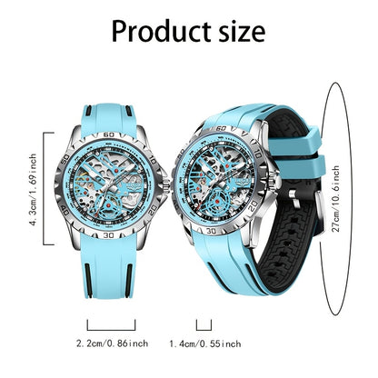 LIGE men&women&apos;s Automatic Mechanical Watch - Stylish Blue Silicone Strap, Alloy Case, Transparent Back, Black Rubber Grip, Valentine&apos;s Day Gift for Him, Suitable for Women&women