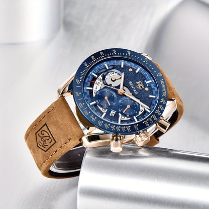 BENYAR Men'S Luxury Sports Watch - Elegant Quartz Movement, Round Blue Dial with Roman Numerals, Stainless Steel Band, Waterproof (30m), Perfect Father'S Day Gift