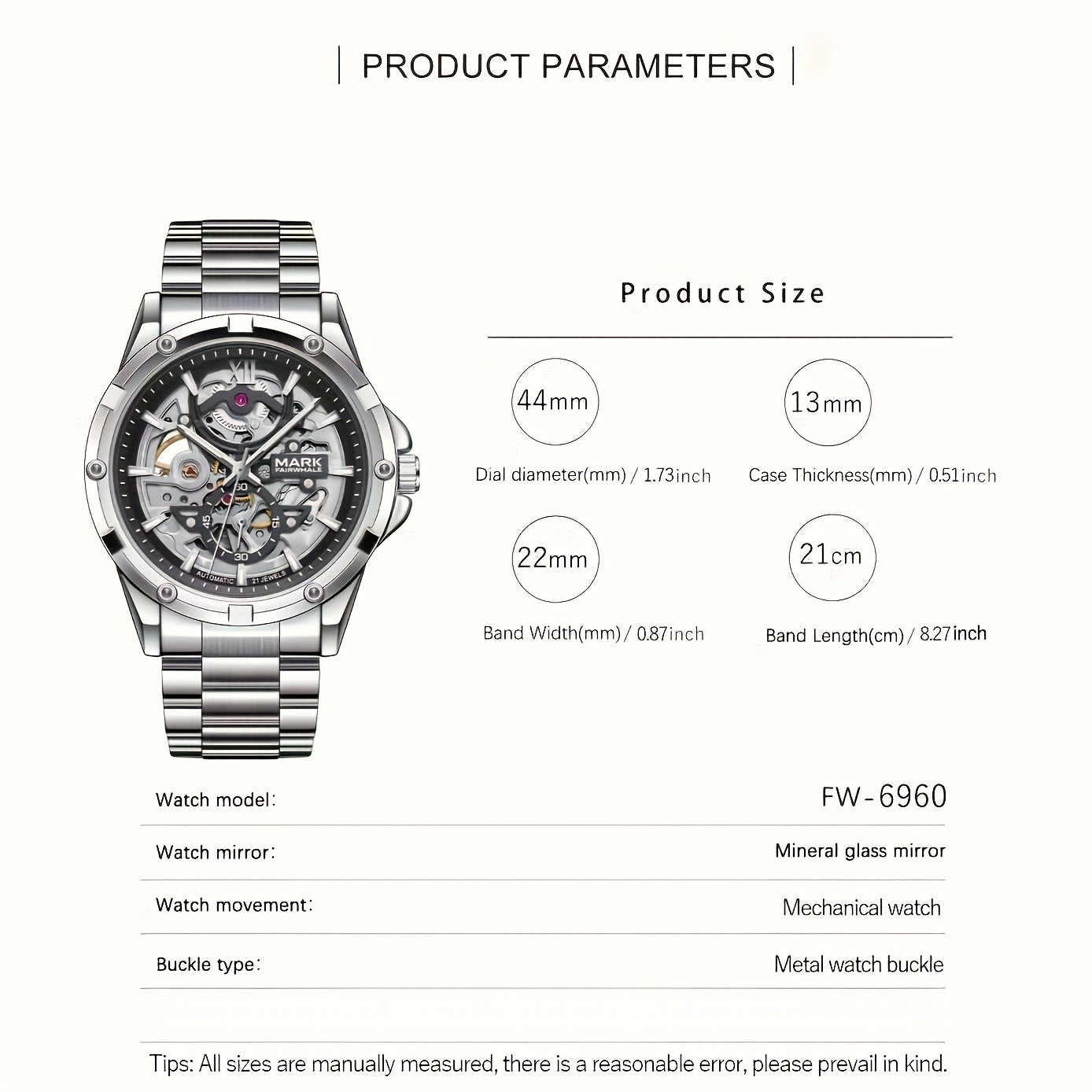MARK FAIRWHALE Men's Mechanical Watch - Automatic winding, Stainless Steel Case & Dial, Luminous Hands for Day/Night Visibility, Business & Formal/Casual Events - No Battery Needed, Ideal Father's Day/Graduation/Teacher's Day