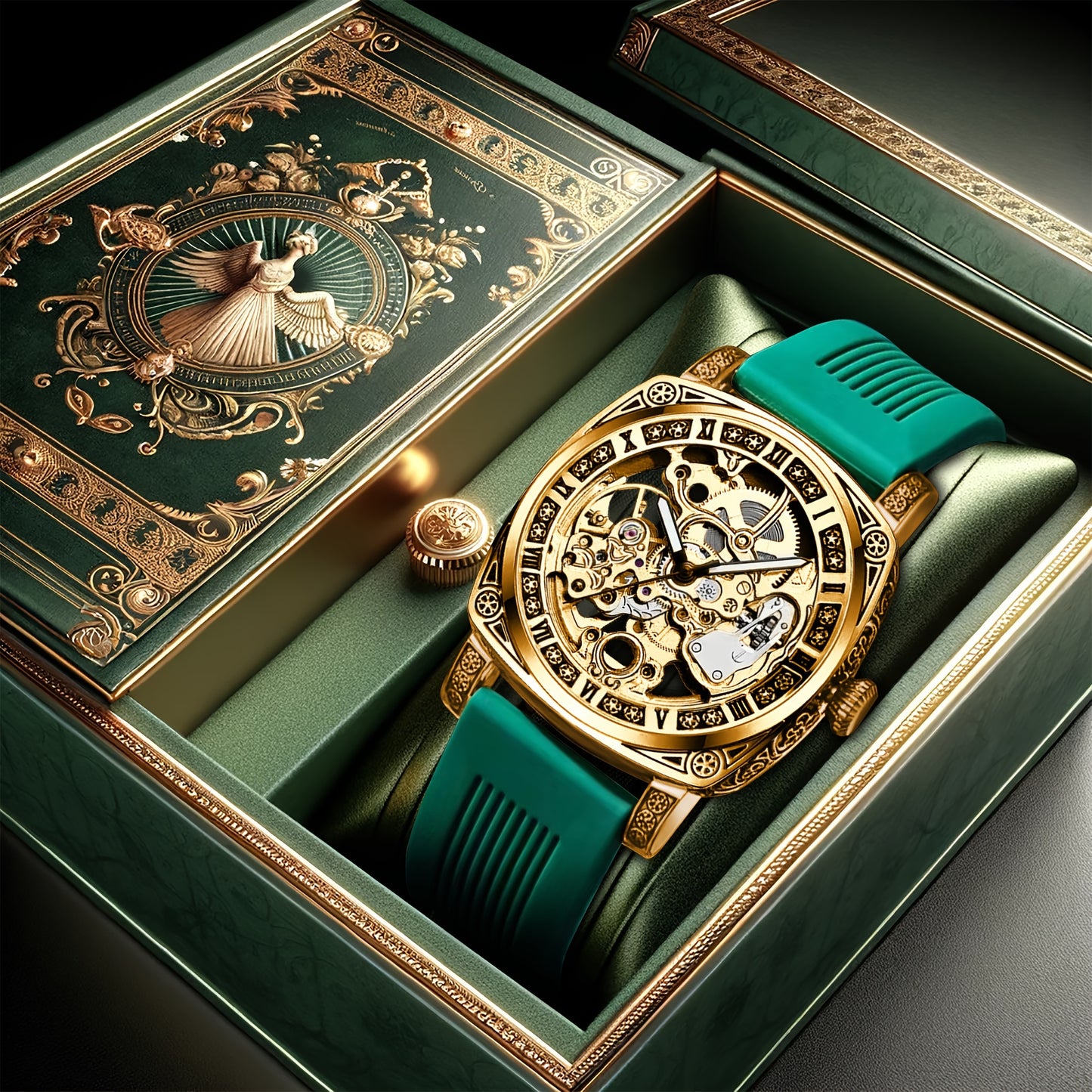 Men'S Vintage Mechanical - Luxury Square Automatic Wrist with Golden-Tone Dial, Green Strap, Self-Winding Movement, High-Quality Alloy Case, Without Battery, Elegant Timepiece, Sophisticated Style